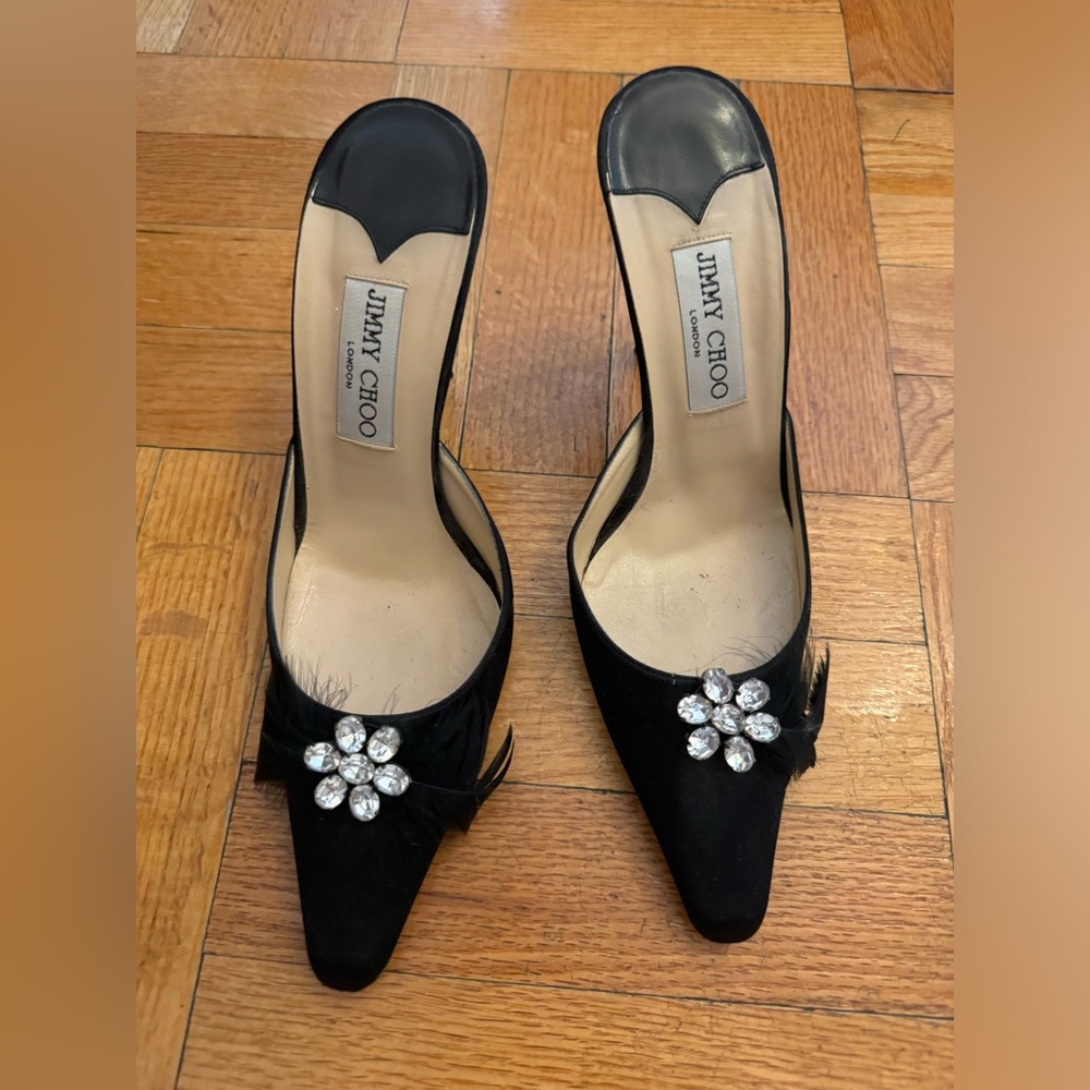 JIMMY CHOO Black Satin Embellished Mules (SIZE 38.5)